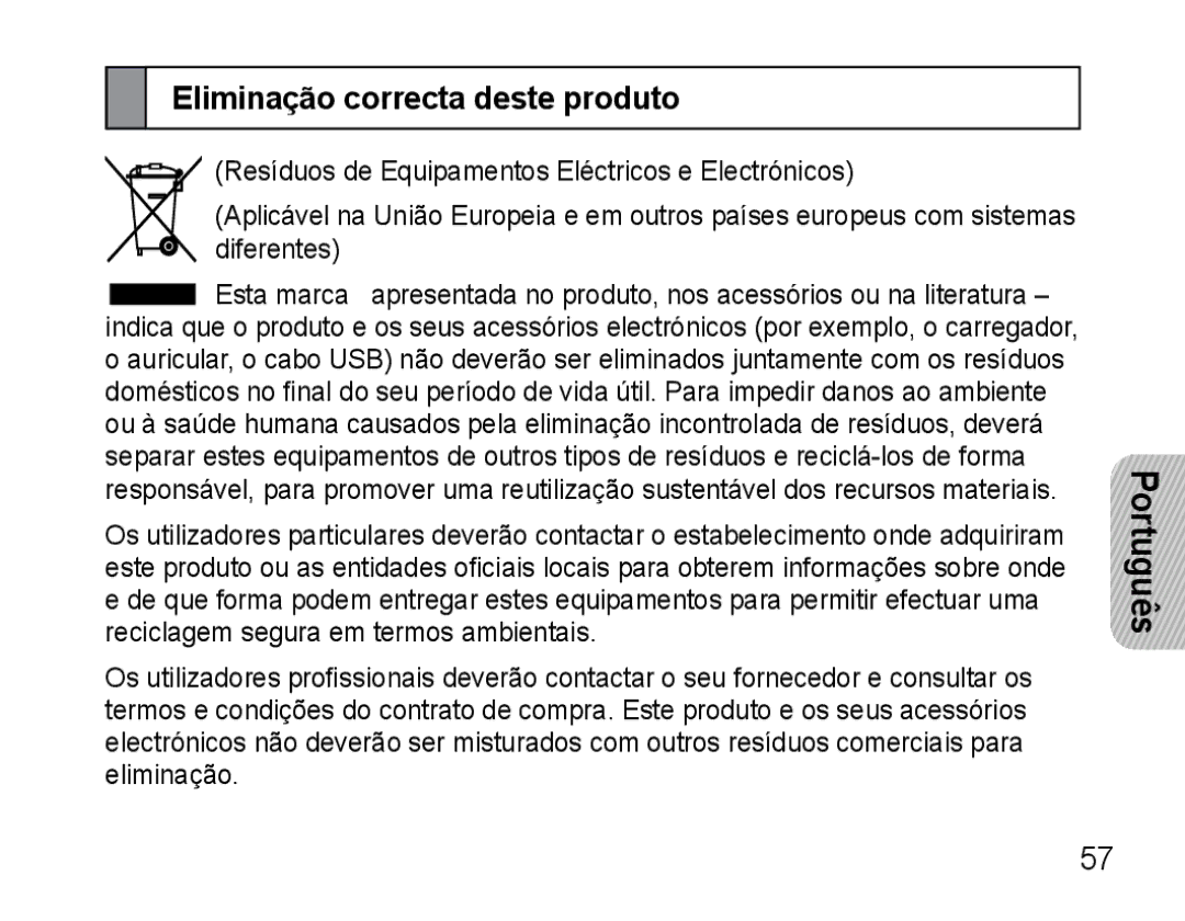 Samsung AWEP470EBECXET, AWEP470EBECFOP, AWEP475EBECFOP manual Eliminação correcta deste produto 