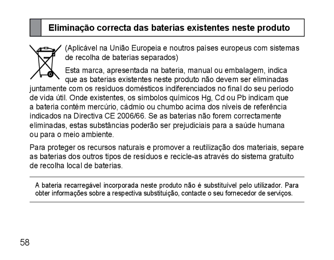 Samsung AWEP470EBECFOP, AWEP470EBECXET, AWEP475EBECFOP manual Eliminação correcta das baterias existentes neste produto 