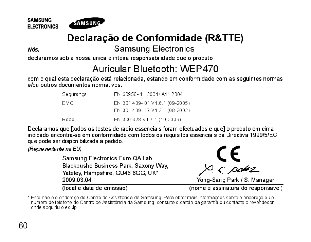 Samsung AWEP470EBECXET, AWEP470EBECFOP, AWEP475EBECFOP manual Declaração de Conformidade R&TTE 