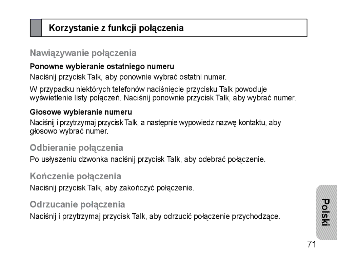 Samsung AWEP475EBECFOP, AWEP470EBECXET Korzystanie z funkcji połączenia, Nawiązywanie połączenia, Odbieranie połączenia 