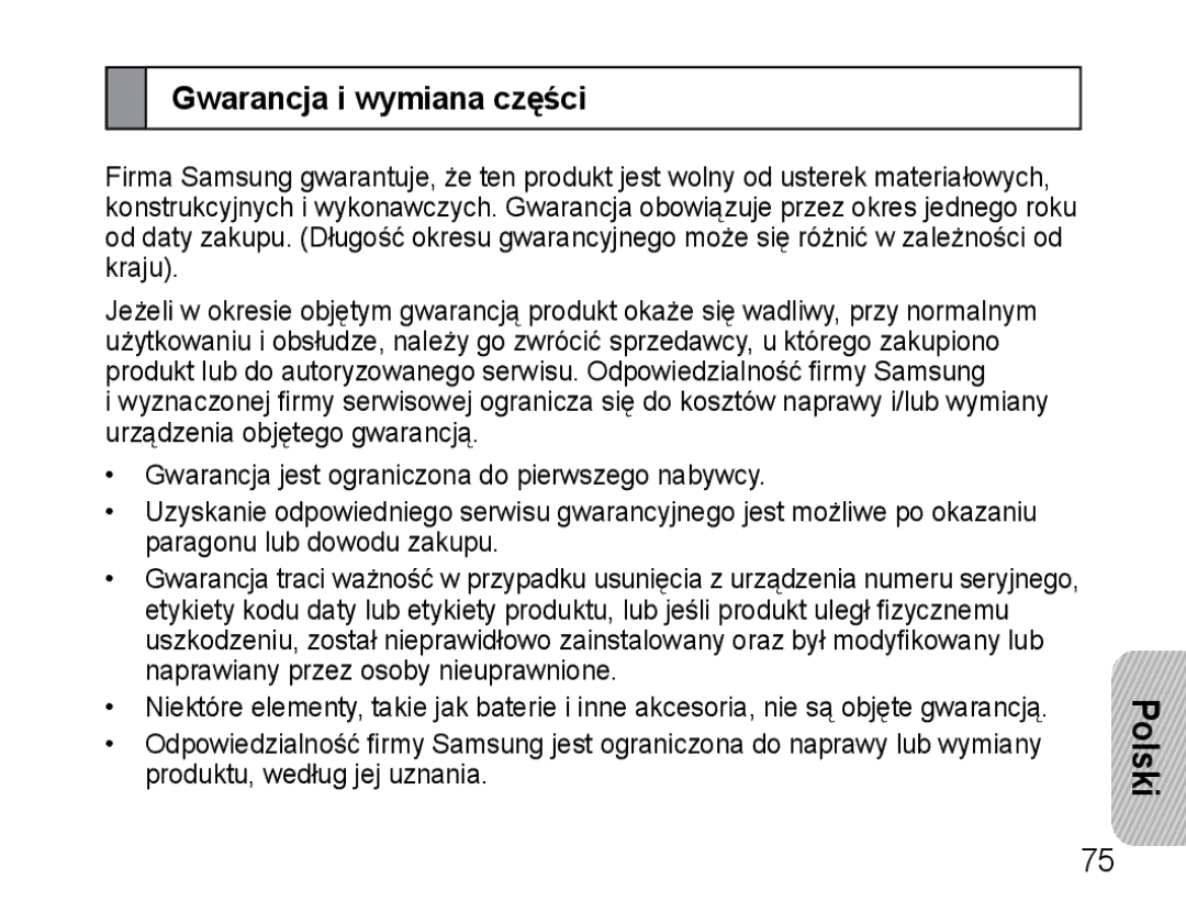 Samsung AWEP470EBECXET, AWEP470EBECFOP, AWEP475EBECFOP manual Gwarancja i wymiana części 