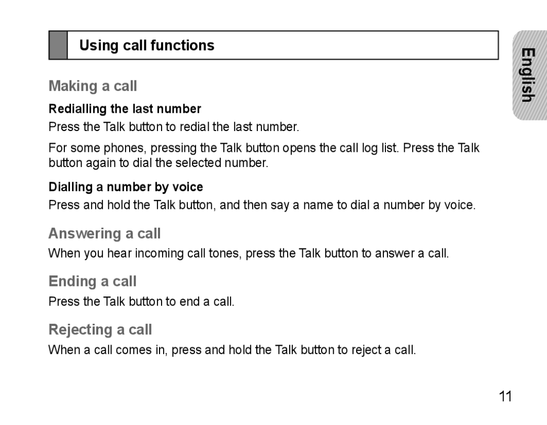 Samsung AWEP475ESECEUR manual Using call functions, Making a call, Answering a call, Ending a call, Rejecting a call 