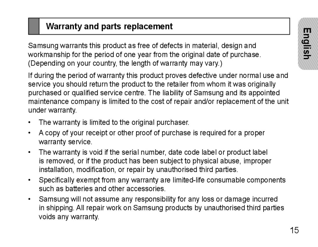 Samsung AWEP475ESECEUR, AWEP475ESECXET, AWEP475ESECXEH, AWEP475ESECSER manual Warranty and parts replacement 