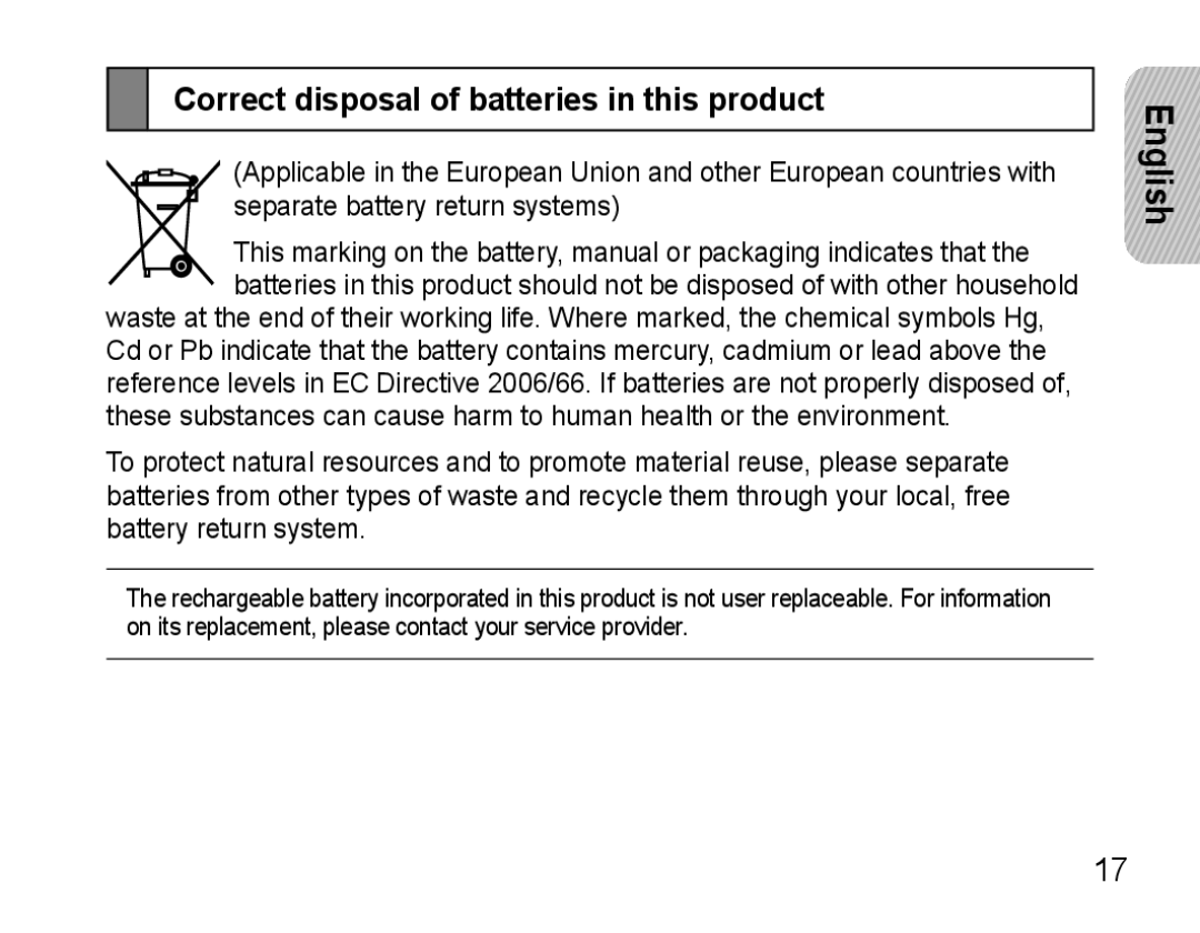 Samsung AWEP475ESECXET, AWEP475ESECXEH, AWEP475ESECEUR, AWEP475ESECSER manual Correct disposal of batteries in this product 