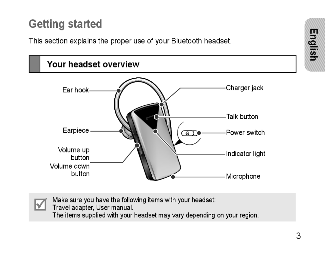 Samsung AWEP475ESECEUR, AWEP475ESECXET, AWEP475ESECXEH, AWEP475ESECSER manual Getting started, Your headset overview 