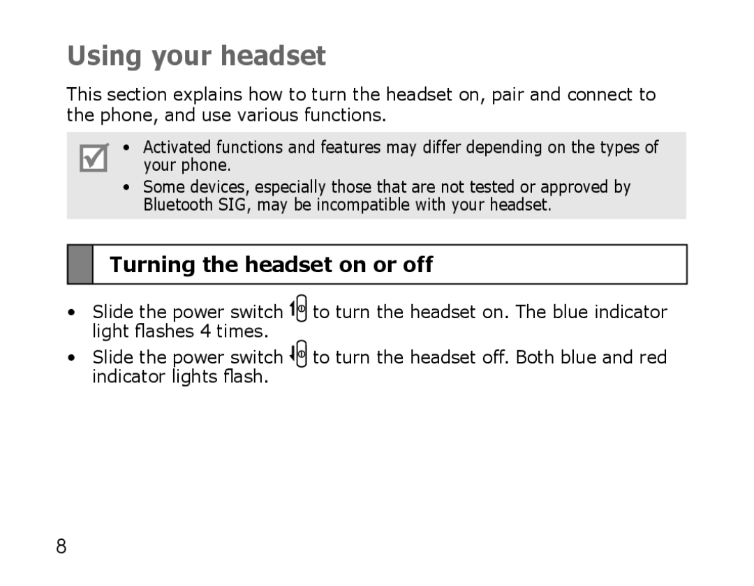 Samsung AWEP475ESECSER, AWEP475ESECXET, AWEP475ESECXEH, AWEP475ESECEUR Using your headset, Turning the headset on or off 