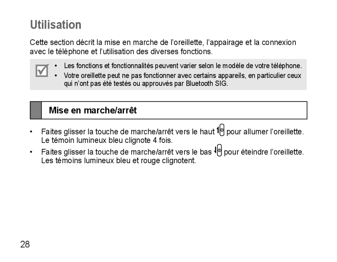 Samsung AWEP475ESECSER, AWEP475ESECXET, AWEP475ESECXEH, AWEP475ESECEUR manual Utilisation, Mise en marche/arrêt 