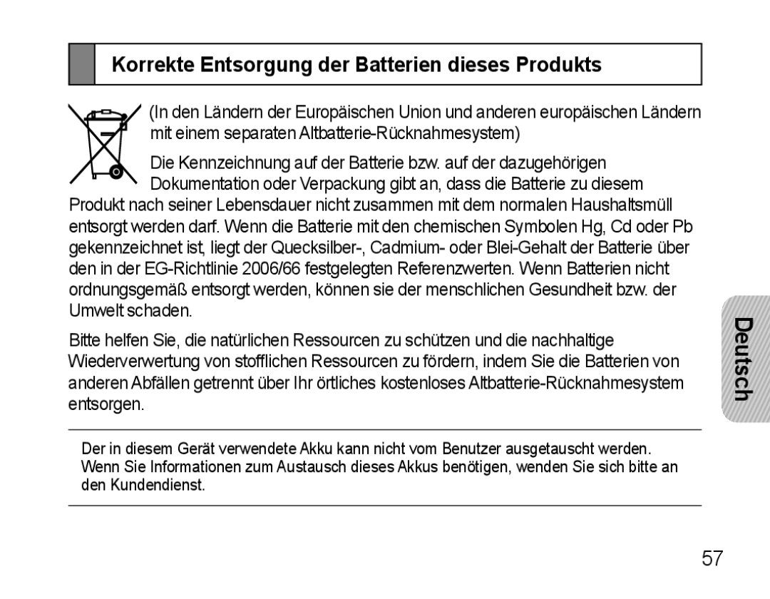 Samsung AWEP475ESECXET, AWEP475ESECXEH, AWEP475ESECEUR, AWEP475ESECSER Korrekte Entsorgung der Batterien dieses Produkts 