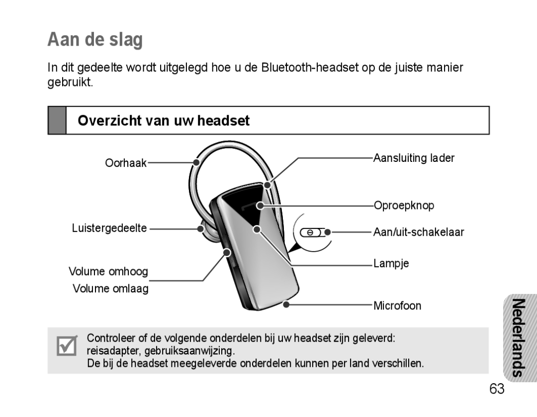 Samsung AWEP475ESECEUR, AWEP475ESECXET, AWEP475ESECXEH, AWEP475ESECSER manual Aan de slag, Overzicht van uw headset 