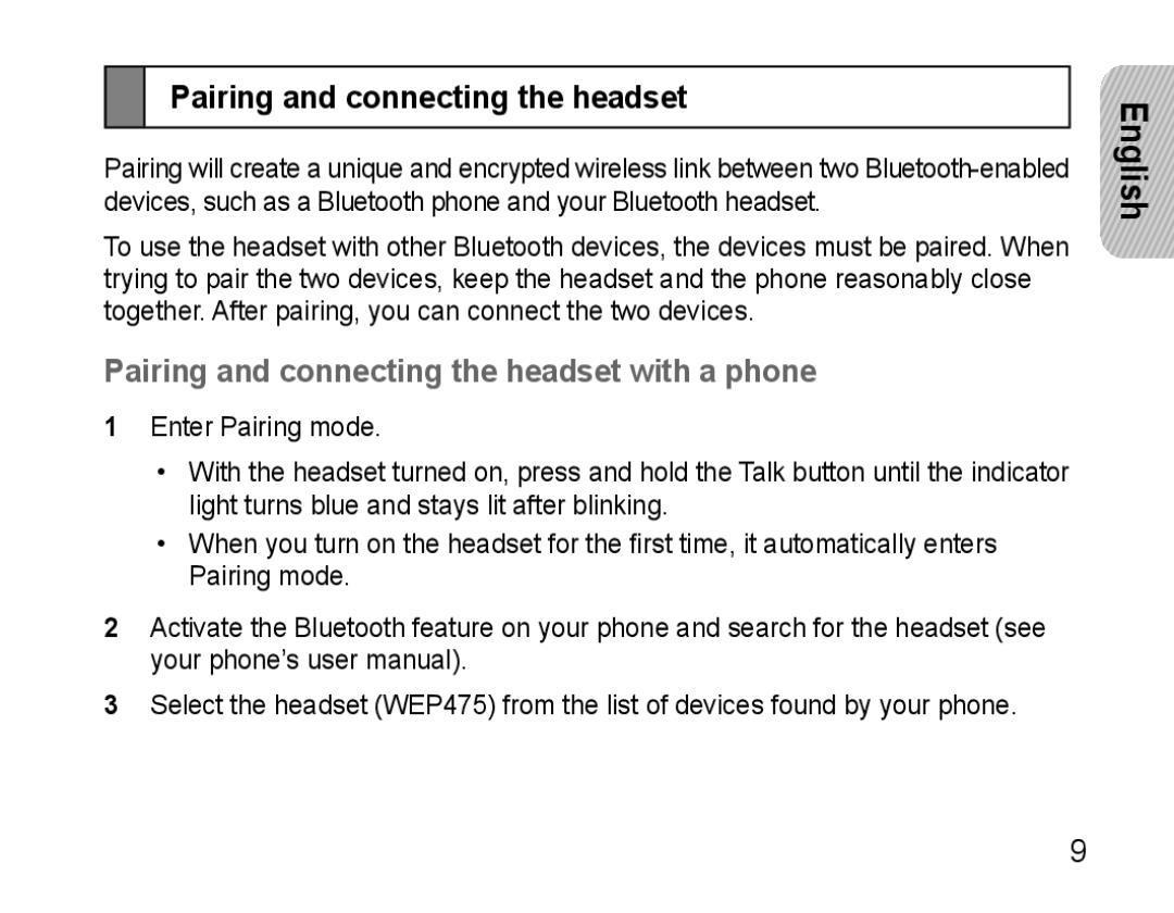 Samsung AWEP475ESECXET, AWEP475ESECXEH, AWEP475ESECEUR, AWEP475ESECSER Pairing and connecting the headset with a phone 