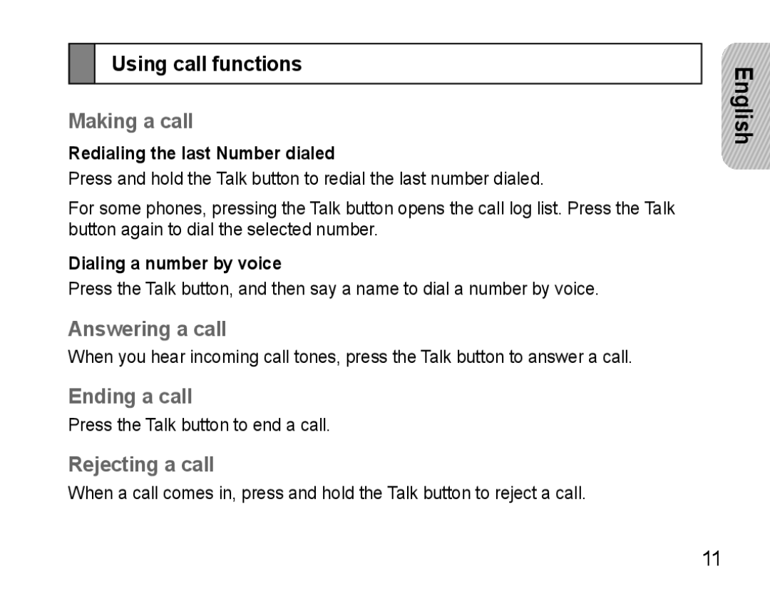 Samsung AWEP475ESECEUR manual Using call functions, Making a call, Answering a call, Ending a call, Rejecting a call 