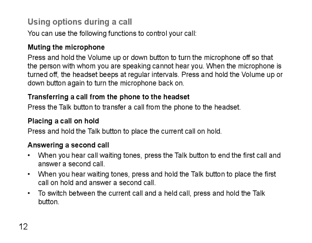 Samsung AWEP475ESECSER Using options during a call, Muting the microphone, Placing a call on hold, Answering a second call 