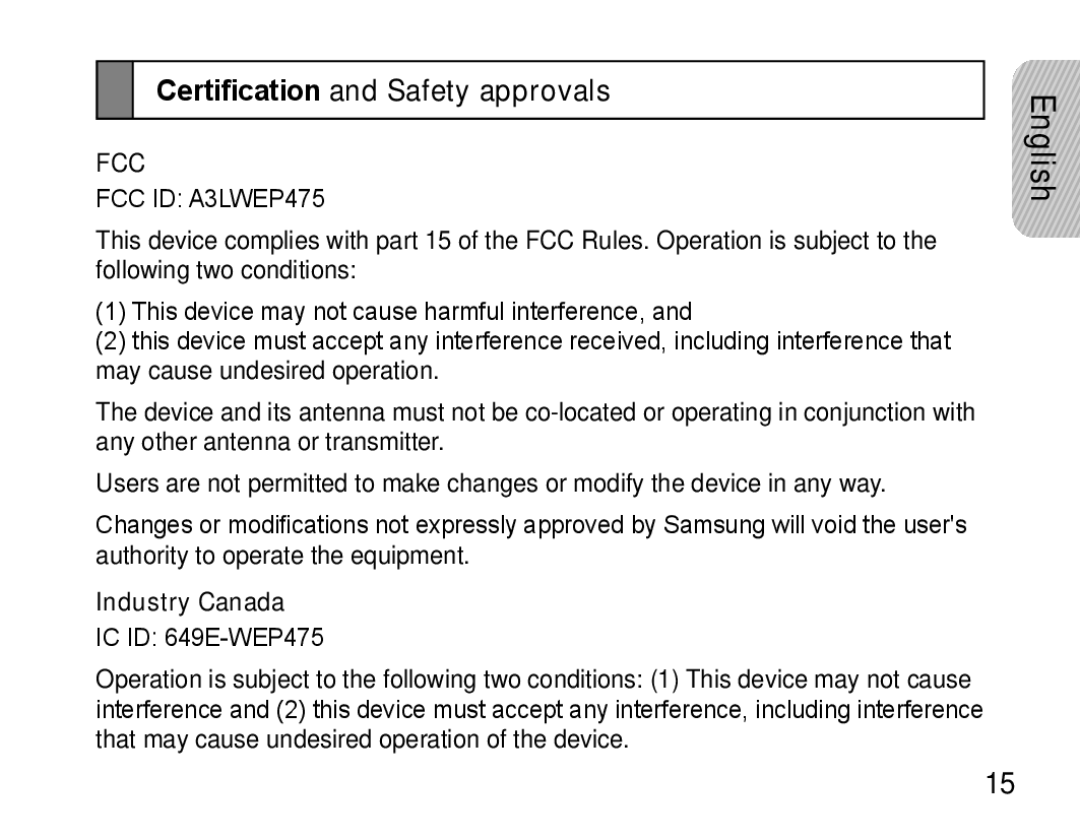 Samsung AWEP475ESECEUR, AWEP475ESECXET, AWEP475ESECXEH, AWEP475ESECSER Certification and Safety approvals, Industry Canada 