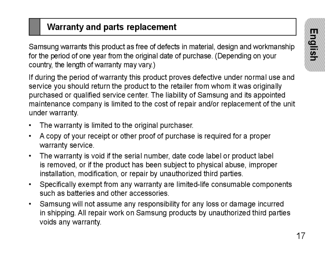 Samsung AWEP475ESECXET, AWEP475ESECXEH, AWEP475ESECEUR, AWEP475ESECSER manual Warranty and parts replacement 