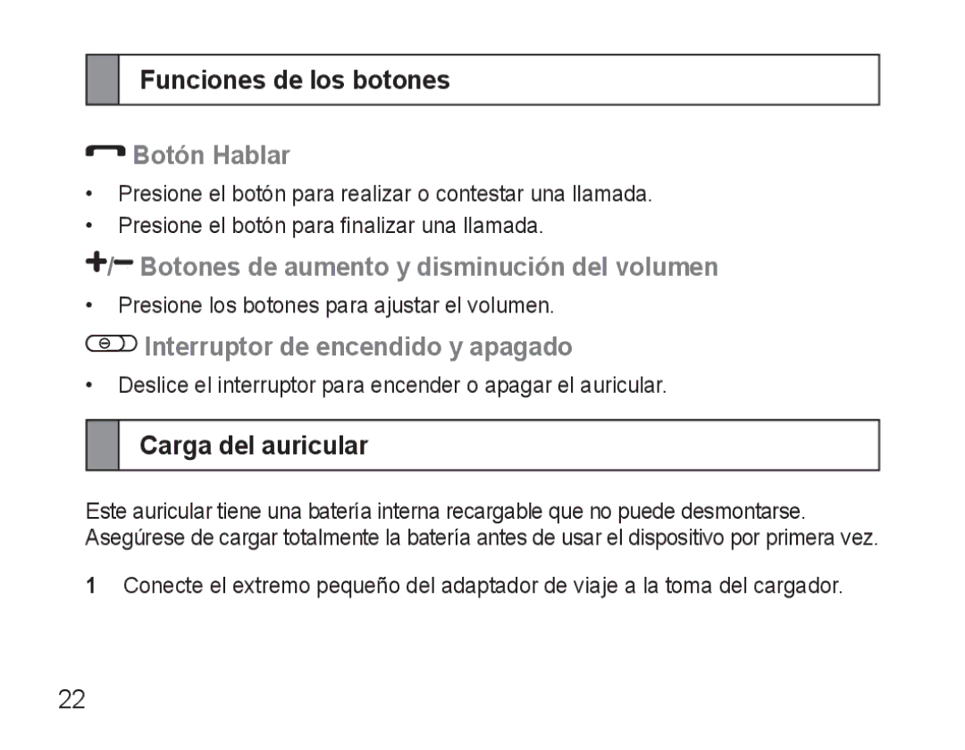 Samsung AWEP475ESECXEH manual Funciones de los botones, Botón Hablar, Botones de aumento y disminución del volumen 