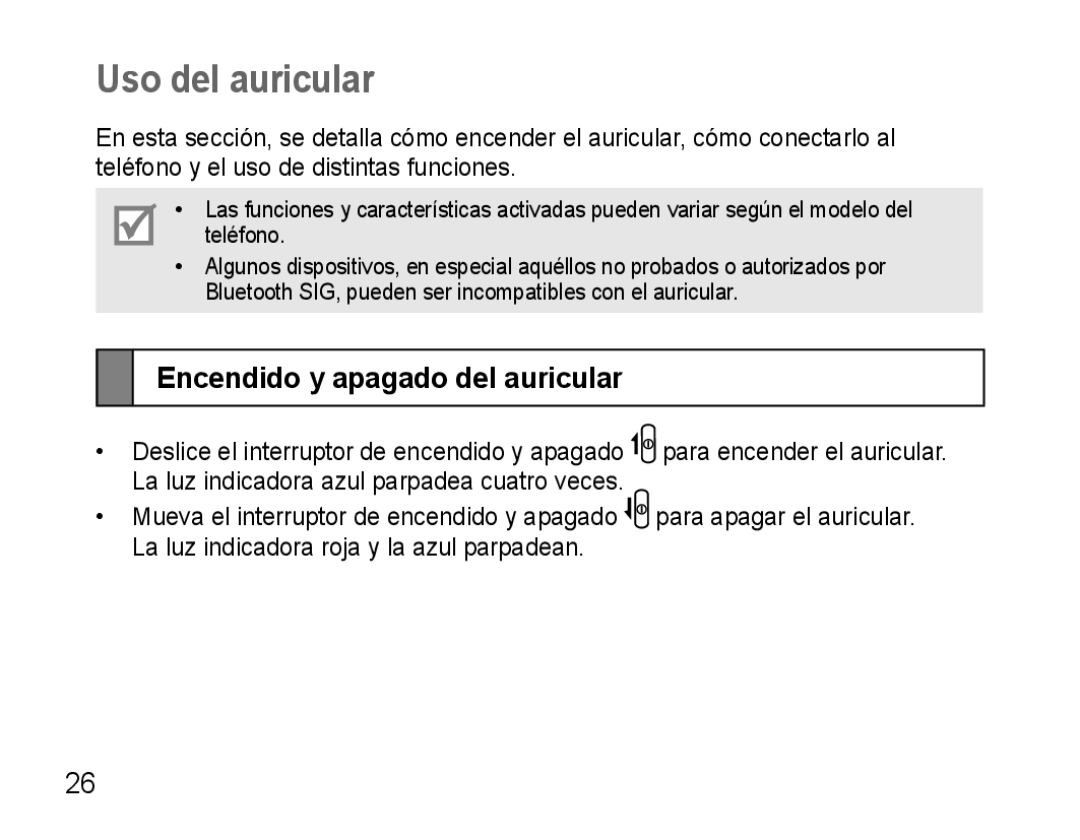 Samsung AWEP475ESECXEH, AWEP475ESECXET, AWEP475ESECEUR, AWEP475ESECSER Uso del auricular, Encendido y apagado del auricular 