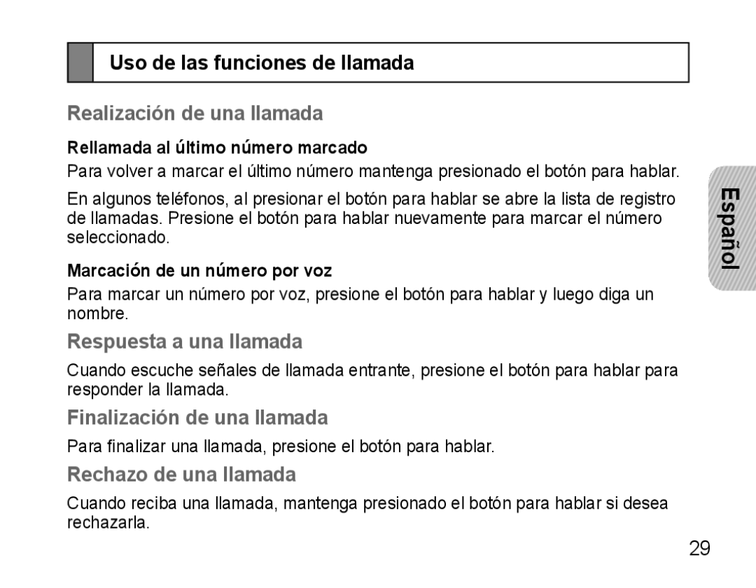 Samsung AWEP475ESECXET manual Uso de las funciones de llamada, Realización de una llamada, Respuesta a una llamada 