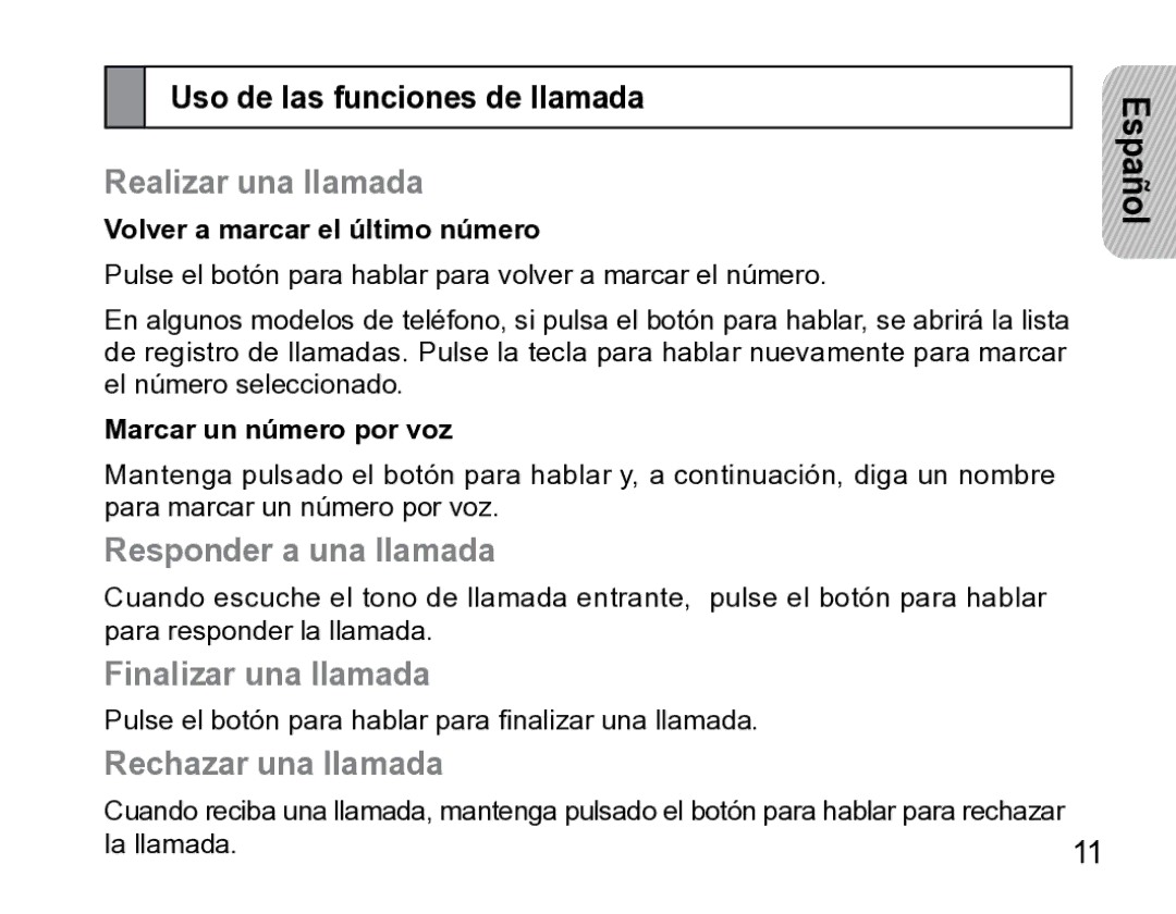 Samsung AWEP475ESECXET manual Uso de las funciones de llamada, Realizar una llamada, Responder a una llamada 