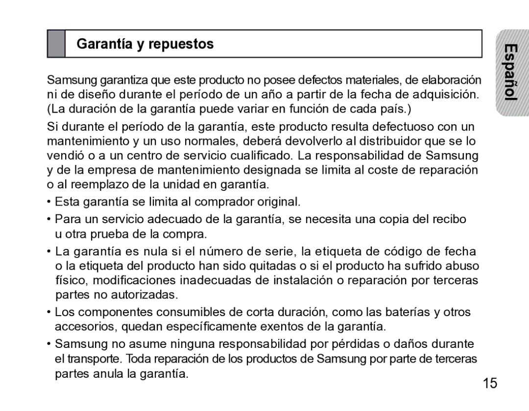 Samsung AWEP475ESECXET manual Garantía y repuestos 