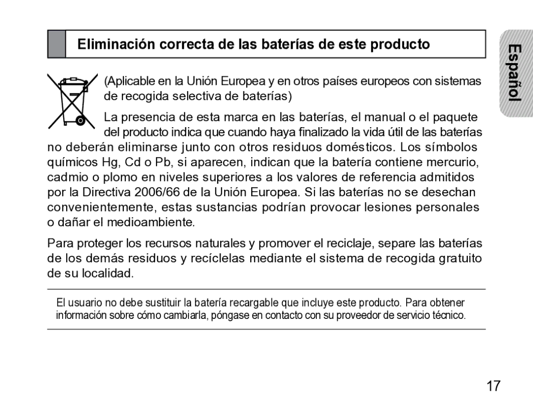 Samsung AWEP475ESECXET manual Eliminación correcta de las baterías de este producto 