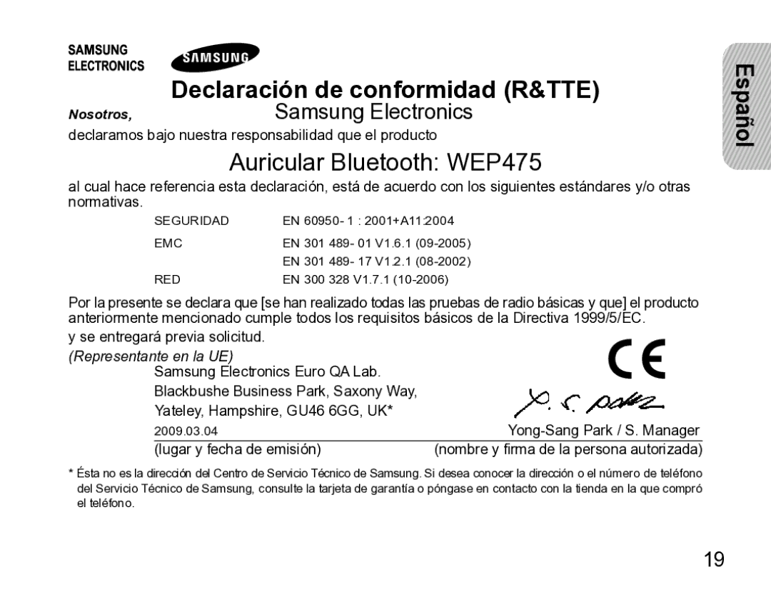 Samsung AWEP475ESECXET manual Auricular Bluetooth WEP475 