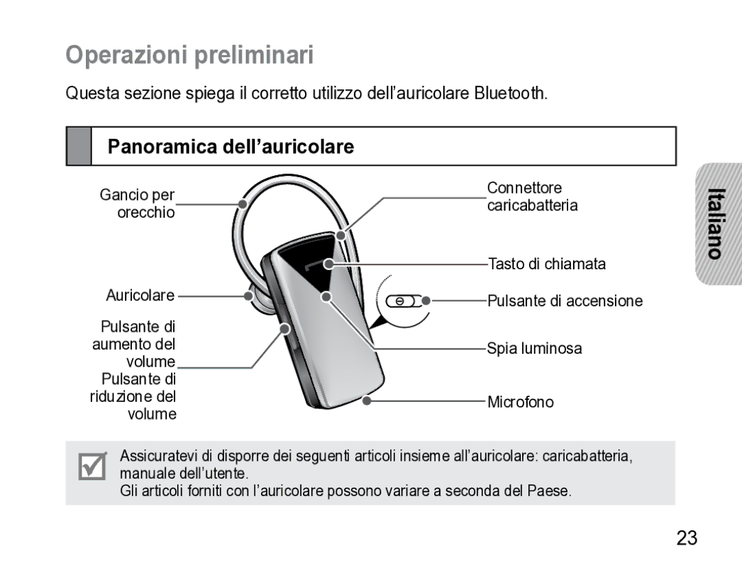 Samsung AWEP475ESECXET manual Operazioni preliminari, Panoramica dell’auricolare 