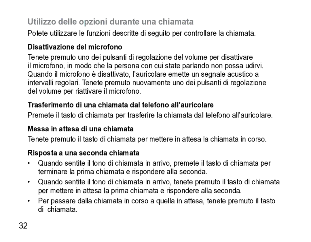 Samsung AWEP475ESECXET manual Utilizzo delle opzioni durante una chiamata, Disattivazione del microfono 