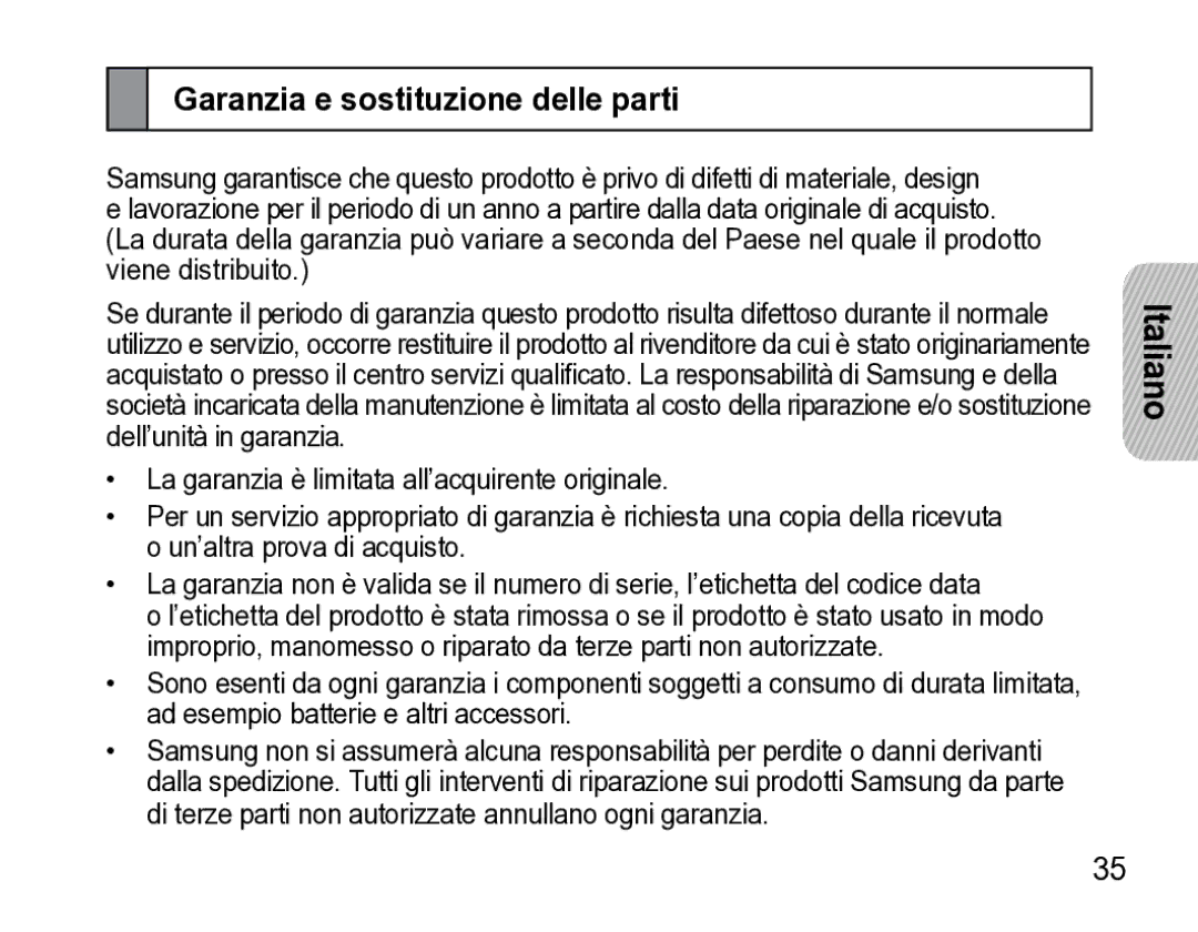 Samsung AWEP475ESECXET manual Garanzia e sostituzione delle parti 