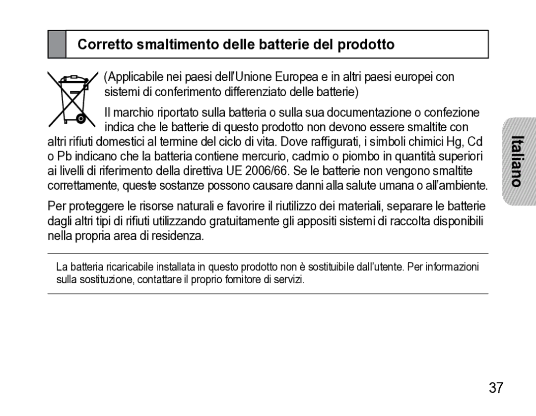 Samsung AWEP475ESECXET manual Corretto smaltimento delle batterie del prodotto 