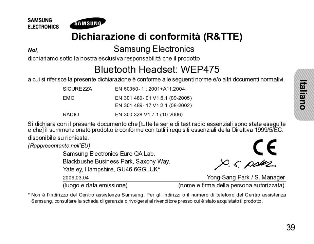 Samsung AWEP475ESECXET manual Bluetooth Headset WEP475 