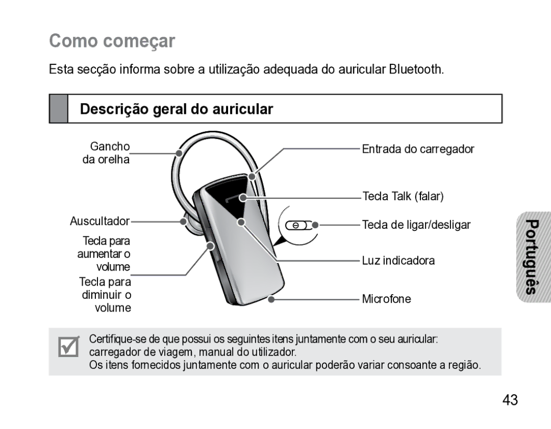 Samsung AWEP475ESECXET manual Como começar, Descrição geral do auricular 