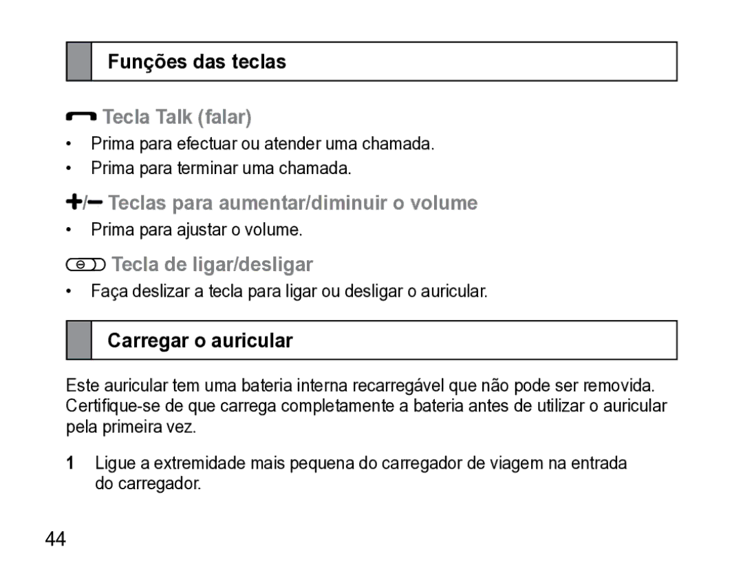 Samsung AWEP475ESECXET Funções das teclas, Tecla Talk falar, Teclas para aumentar/diminuir o volume, Carregar o auricular 