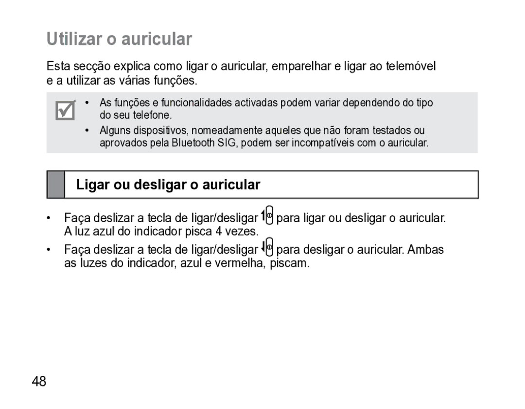 Samsung AWEP475ESECXET manual Utilizar o auricular, Ligar ou desligar o auricular 