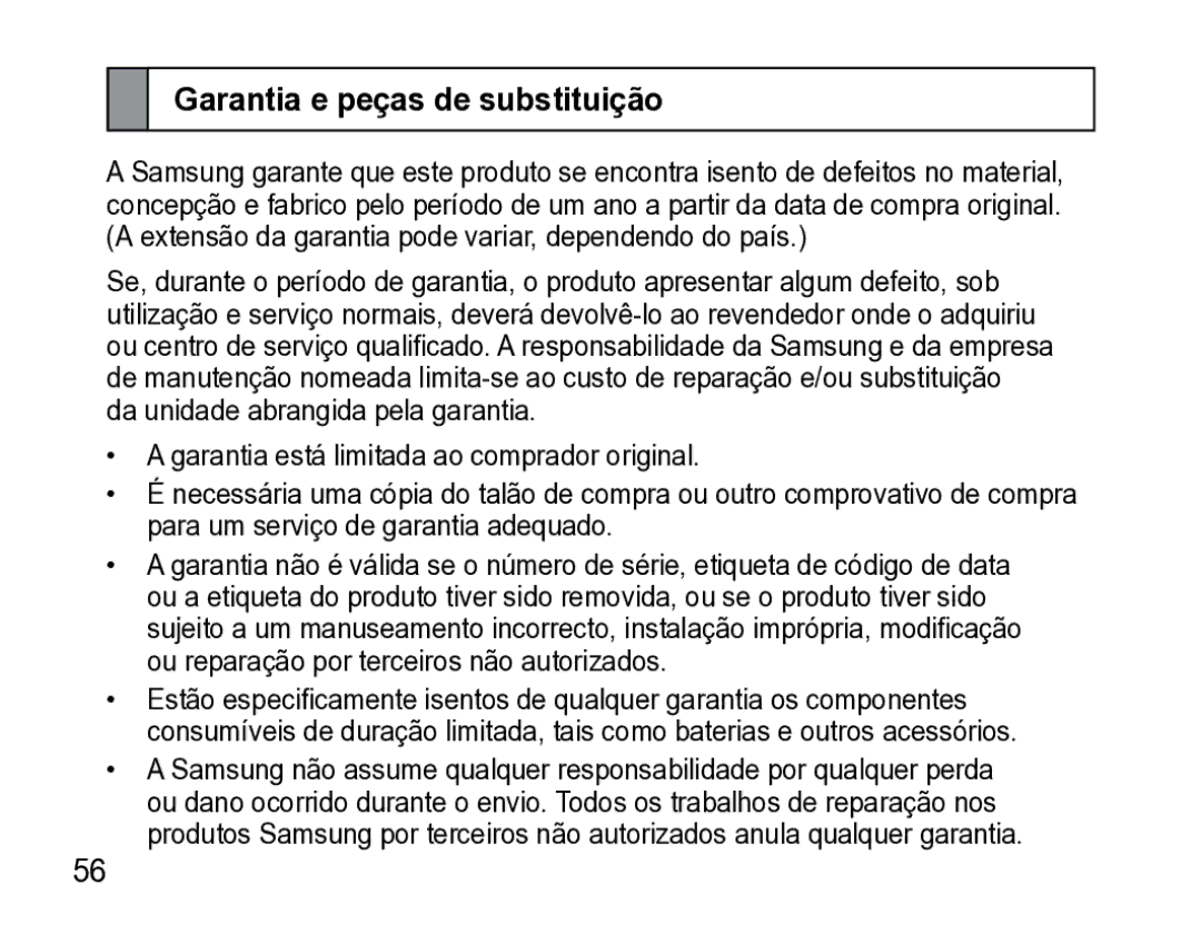 Samsung AWEP475ESECXET manual Garantia e peças de substituição 