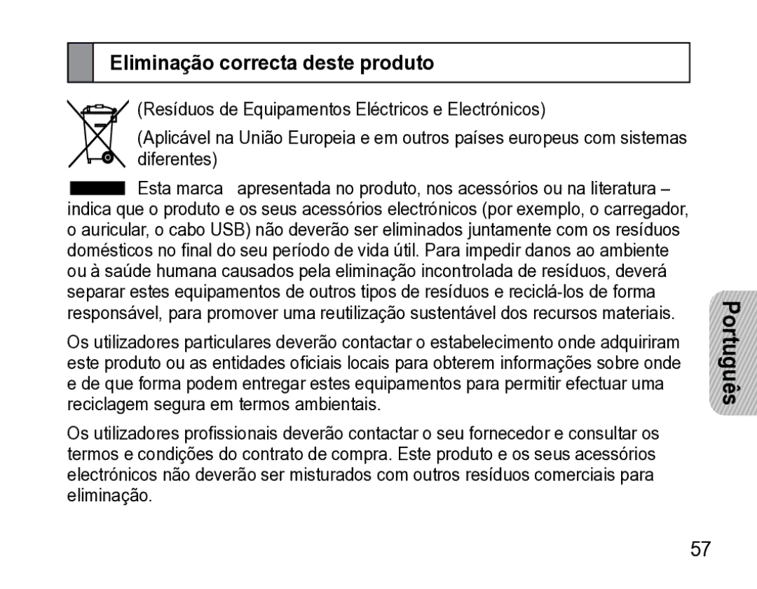 Samsung AWEP475ESECXET manual Eliminação correcta deste produto 