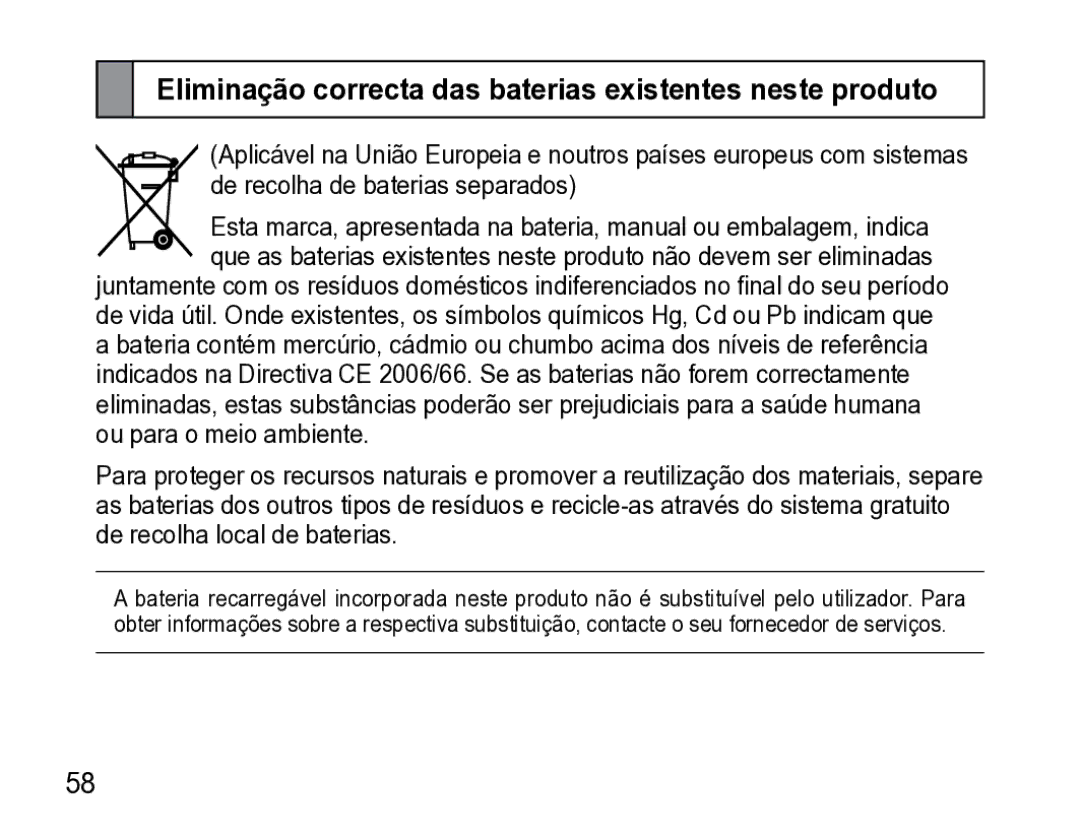 Samsung AWEP475ESECXET manual Eliminação correcta das baterias existentes neste produto 