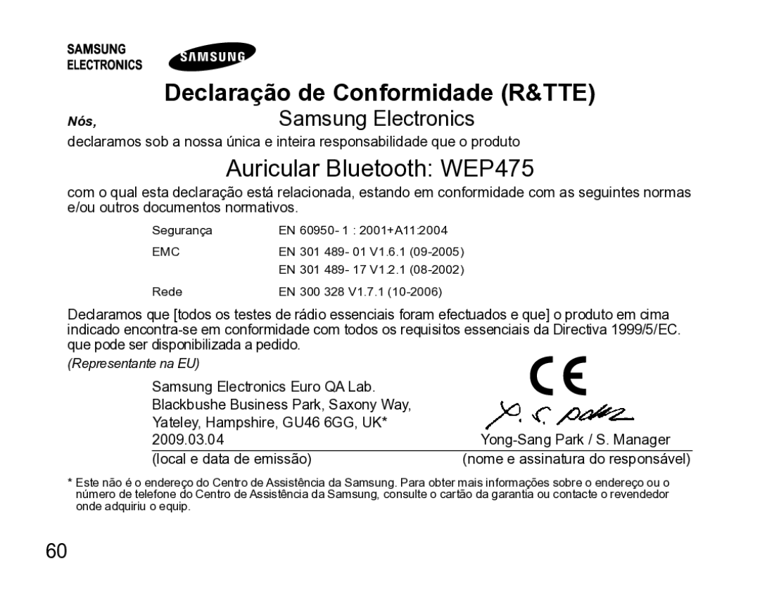 Samsung AWEP475ESECXET manual Declaração de Conformidade R&TTE 