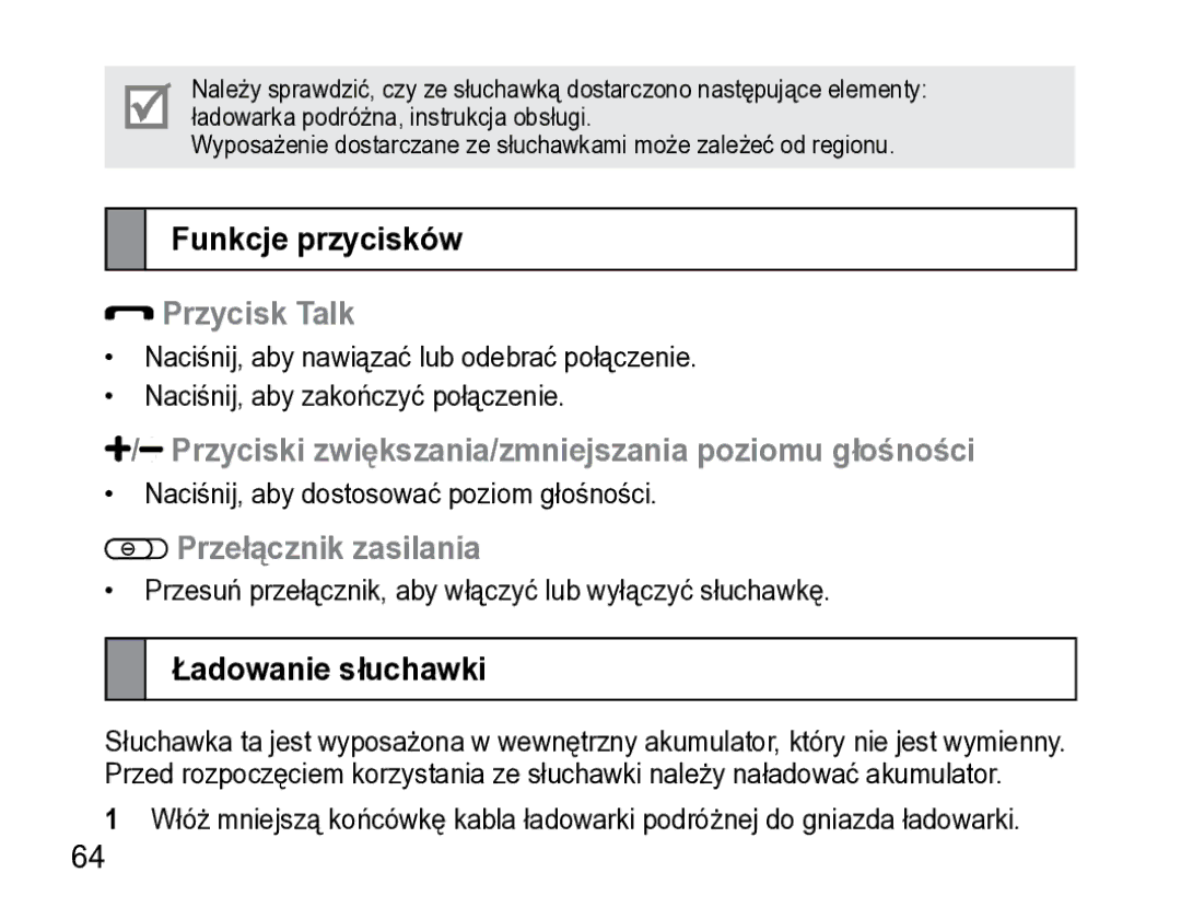 Samsung AWEP475ESECXET manual Funkcje przycisków, Przycisk Talk, Przyciski zwiększania/zmniejszania poziomu głośności 