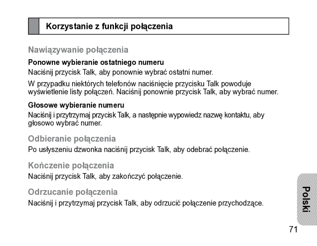 Samsung AWEP475ESECXET manual Korzystanie z funkcji połączenia, Nawiązywanie połączenia, Odbieranie połączenia 