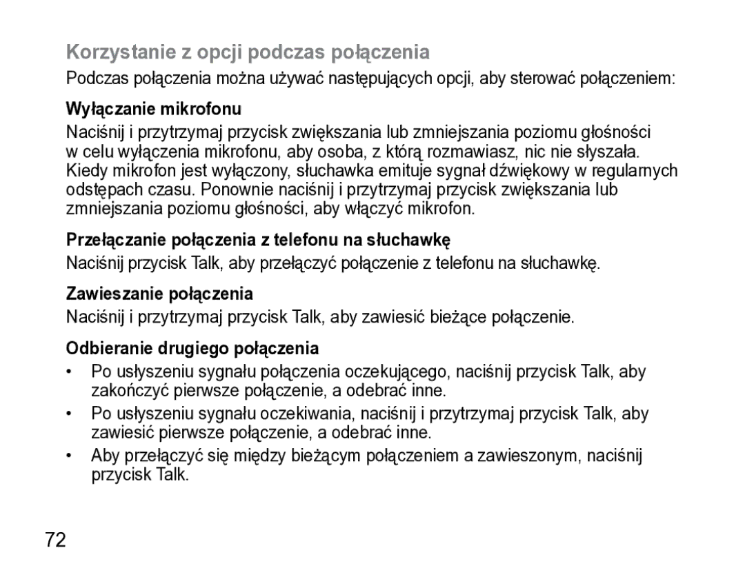 Samsung AWEP475ESECXET manual Korzystanie z opcji podczas połączenia, Wyłączanie mikrofonu, Zawieszanie połączenia 