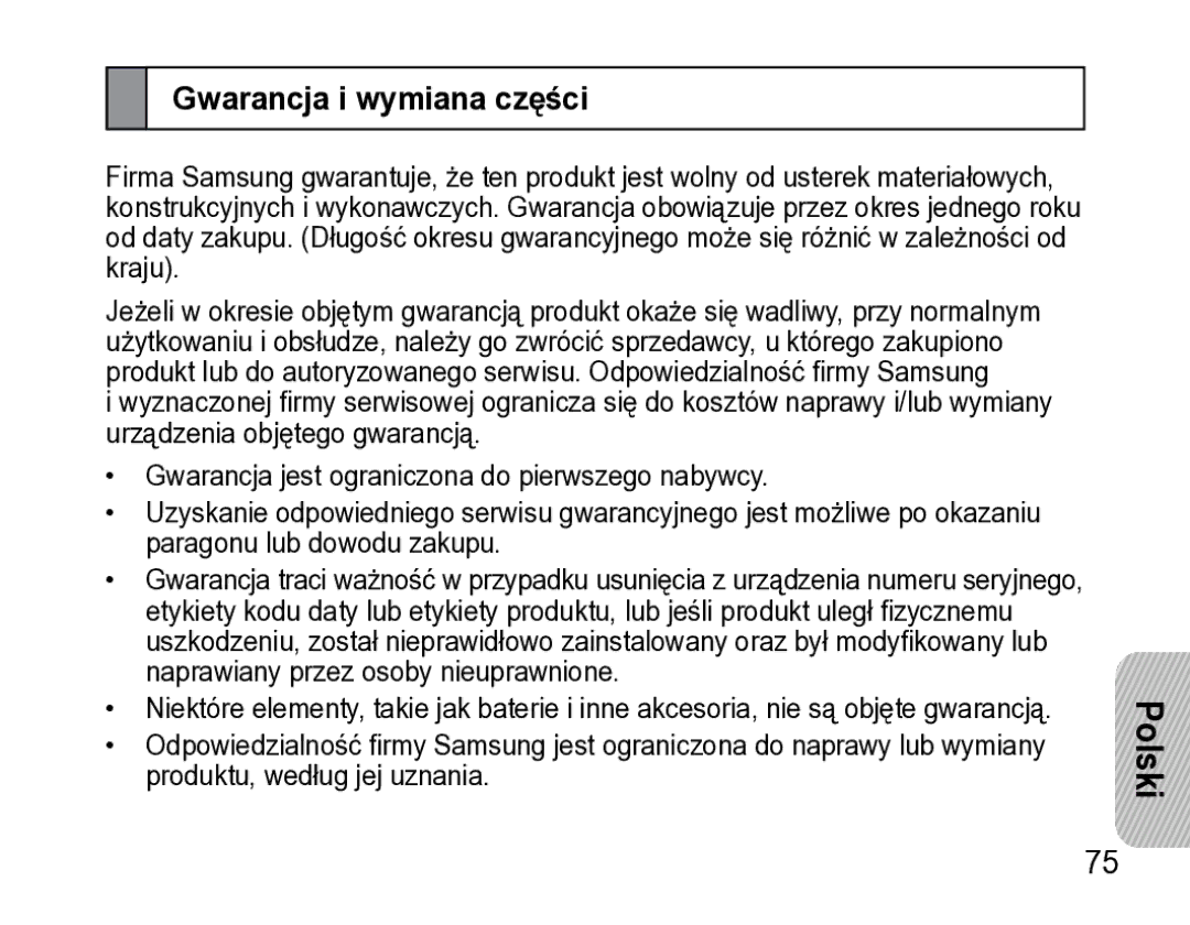 Samsung AWEP475ESECXET manual Gwarancja i wymiana części 