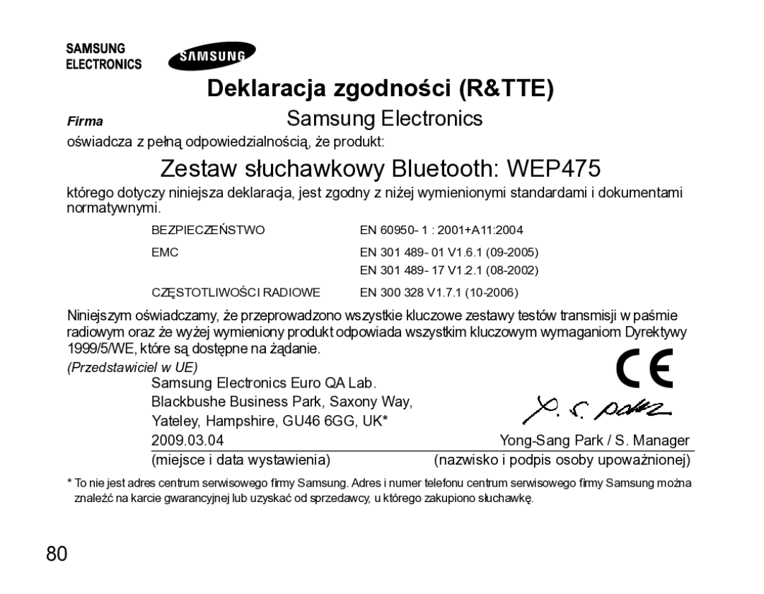 Samsung AWEP475ESECXET manual Zestaw słuchawkowy Bluetooth WEP475 