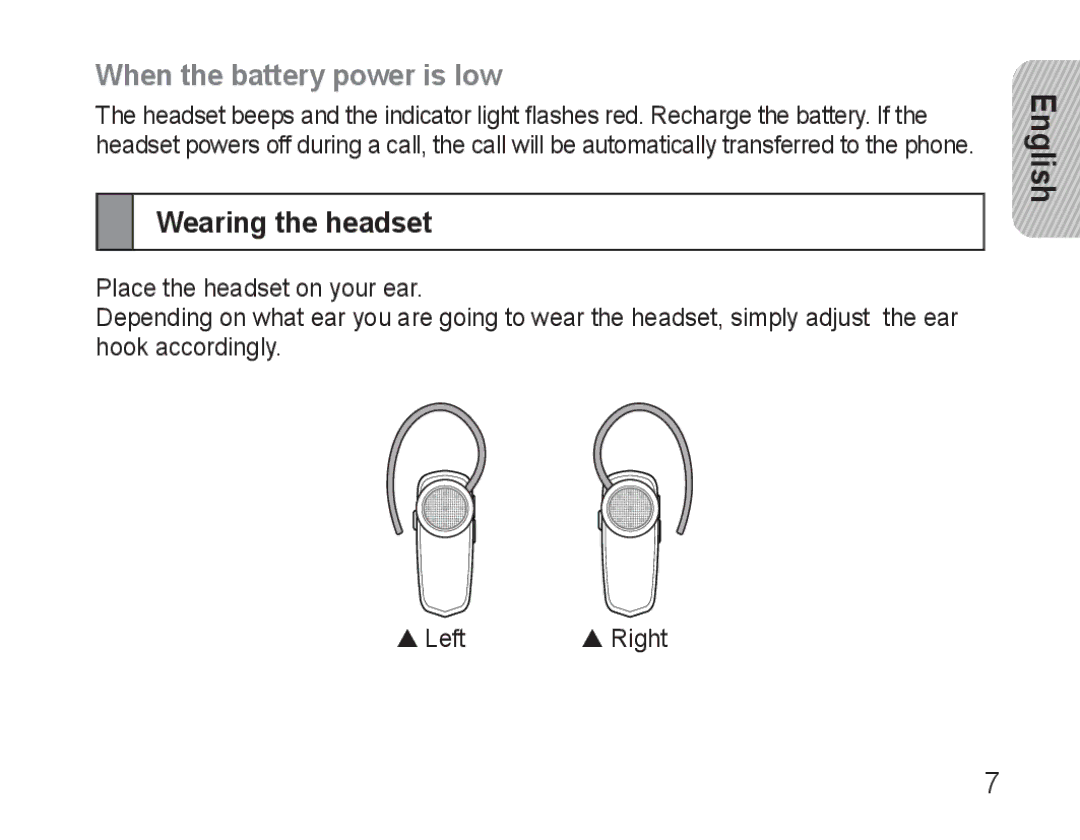 Samsung AWEP490PPECSTA, GH68-25765A manual When the battery power is low, Wearing the headset 