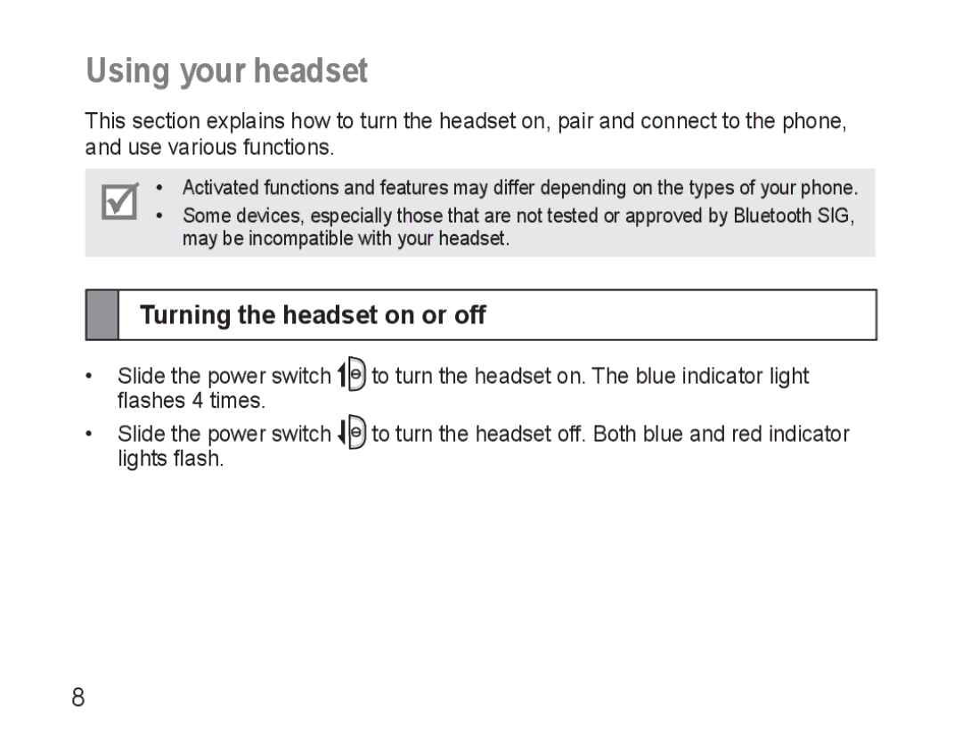 Samsung GH68-25765A, AWEP490PPECSTA manual Using your headset, Turning the headset on or off 