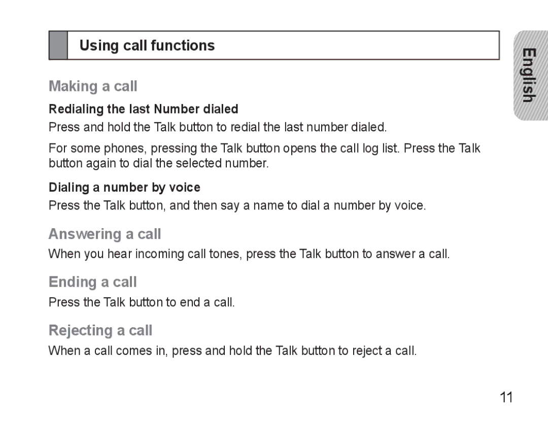 Samsung AWEP490PPECSTA, GH68-25765A Using call functions, Making a call, Answering a call, Ending a call, Rejecting a call 