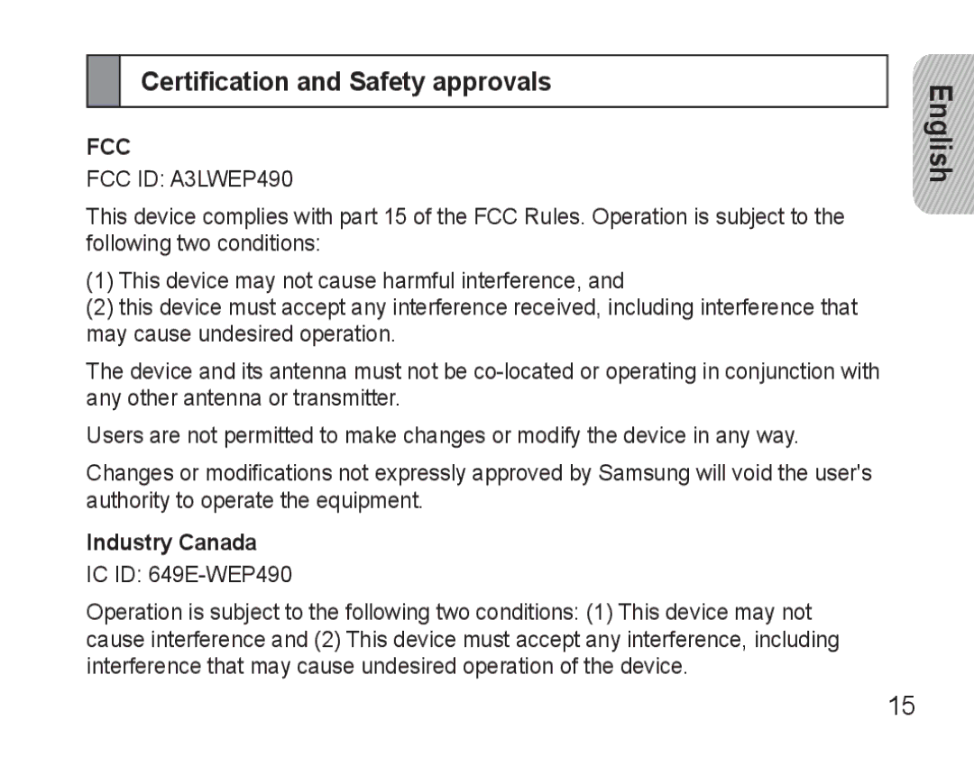 Samsung AWEP490PPECSTA, GH68-25765A manual Certification and Safety approvals, Industry Canada 