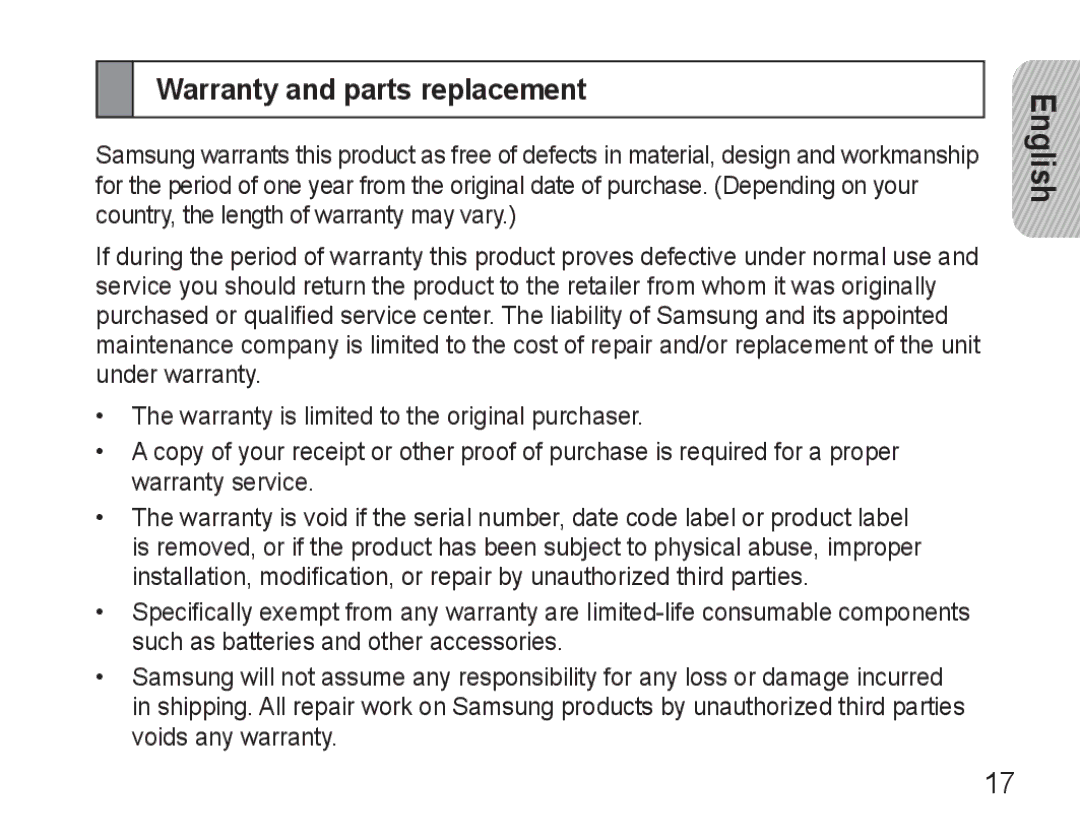 Samsung AWEP490PPECSTA, GH68-25765A manual Warranty and parts replacement 