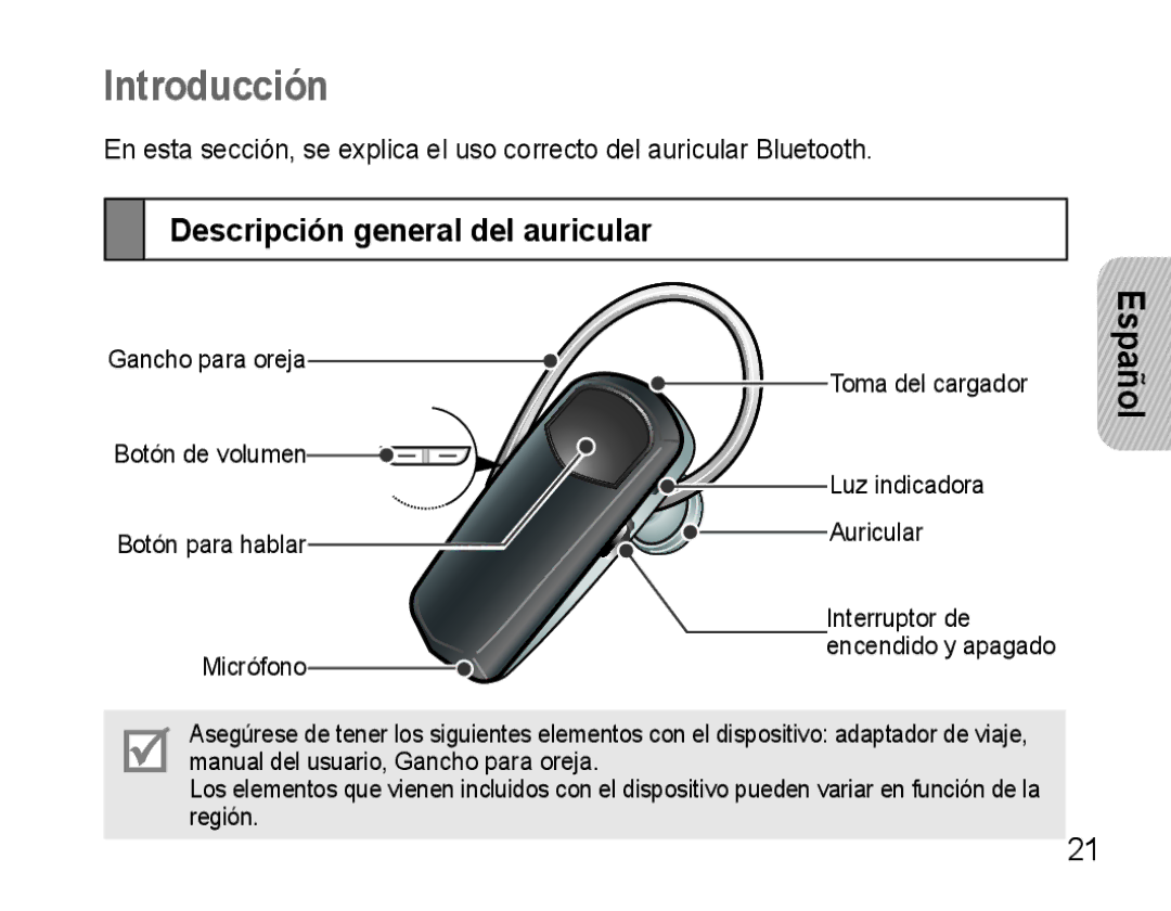 Samsung AWEP490PPECSTA, GH68-25765A manual Introducción, Descripción general del auricular 