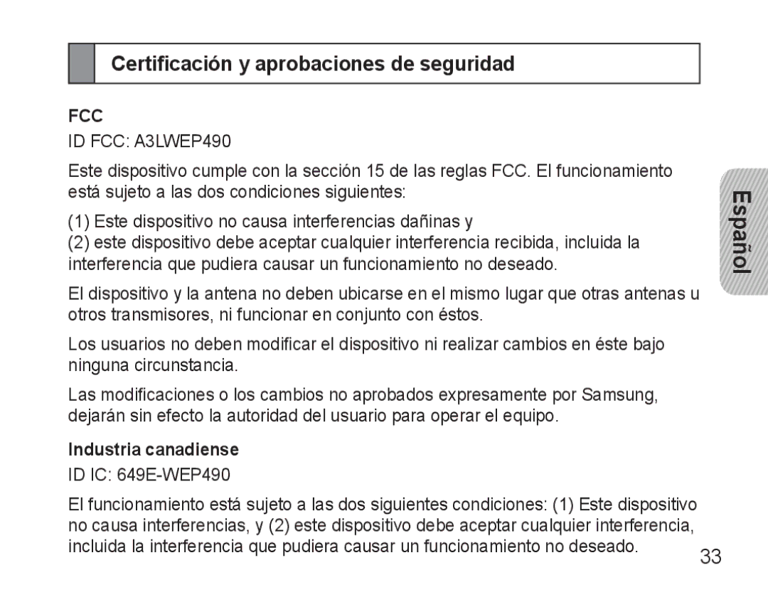 Samsung AWEP490PPECSTA, GH68-25765A manual Certificación y aprobaciones de seguridad, Industria canadiense 