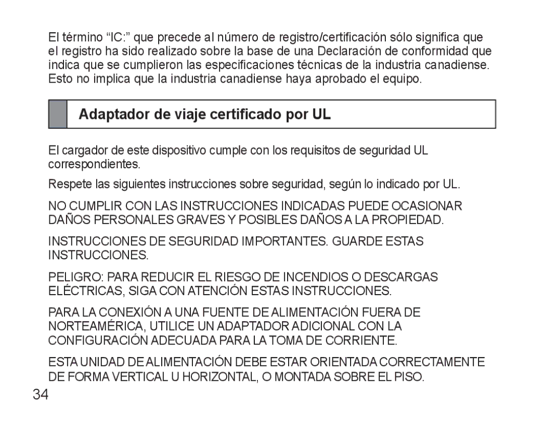 Samsung GH68-25765A, AWEP490PPECSTA manual Adaptador de viaje certificado por UL 